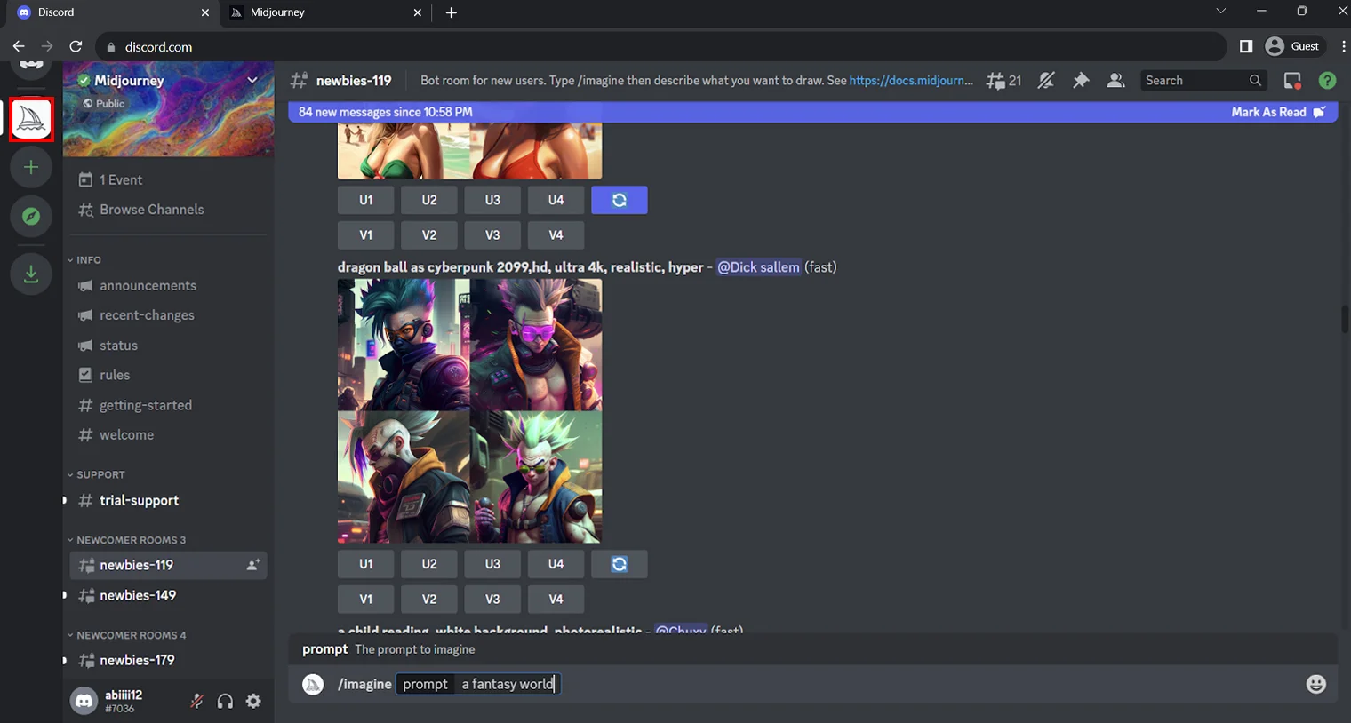 Step3_ Enter a bot channel and create your first artwork there Step3_ Enter a bot channel and create your first artwork there