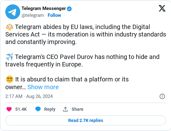 Telegram Statement About their CEO. Source : X/@telegram