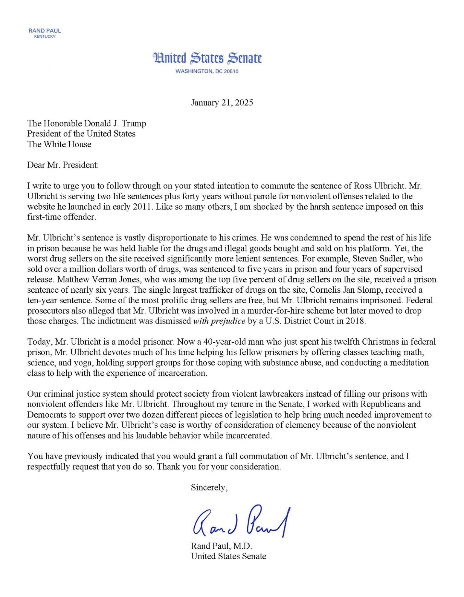 Ross Ulbricht's Sentence Commutation Request Document - Senator Rand Paul
