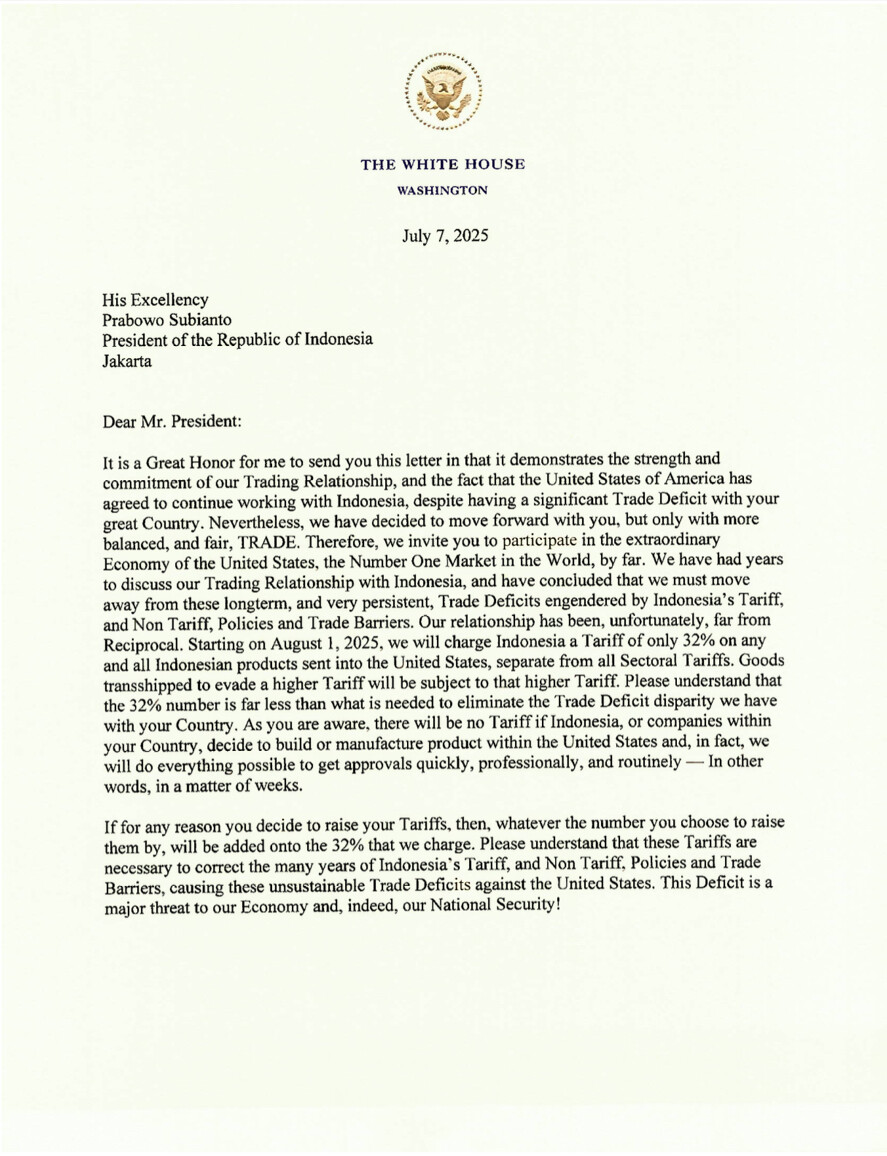 Trump message to President of Indonesia