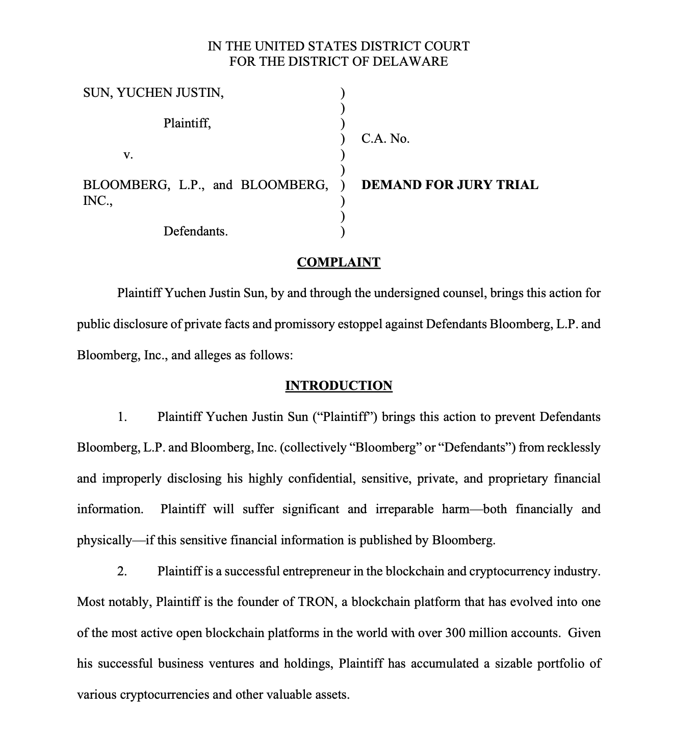 Justin Sun is suing Bloomberg for planning to reveal his personal cryptocurrency holdings