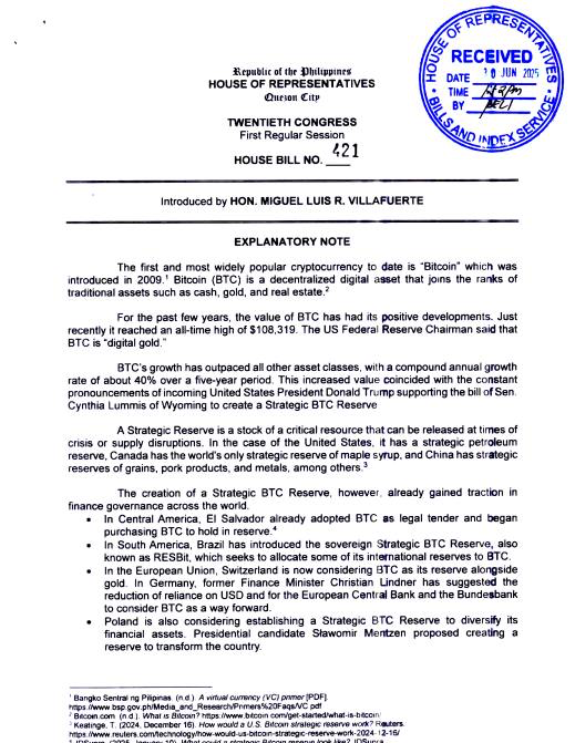 Philippines Introduces Strategic Bitcoin Reserve Bill, Aiming for 10,000 BTC